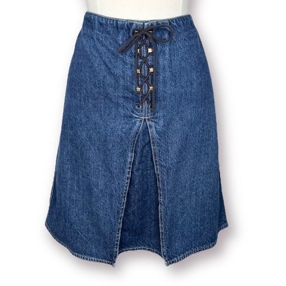 Vintage Dresses & Skirts - Vintage 90s Y2K Lace Up Denim Skirt A-Line Midi Chambray Grunge Fairy Jean Skirt
